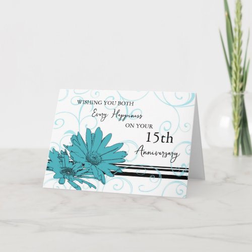 Blue Floral 15th Wedding Anniversary Card
