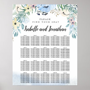 Blue Floral 20-Table DIY Wedding Seating Chart