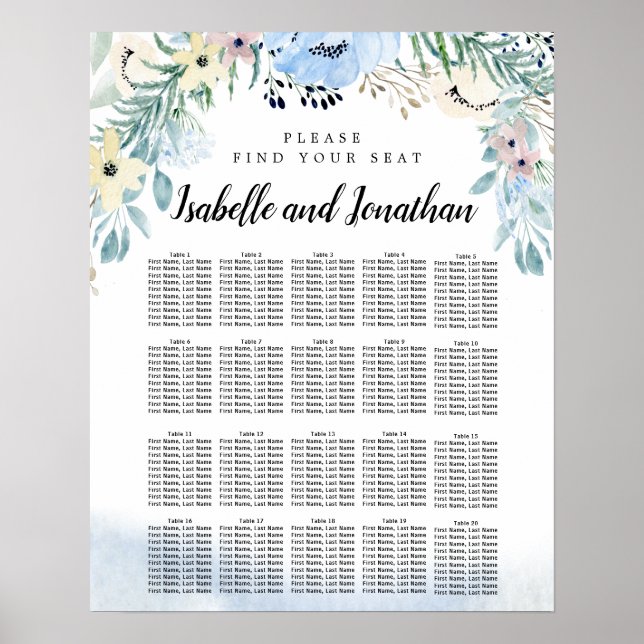 Blue Floral 20-Table DIY Wedding Seating Chart (Front)