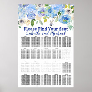 Blue Floral 20-Table Wedding Seating Chart