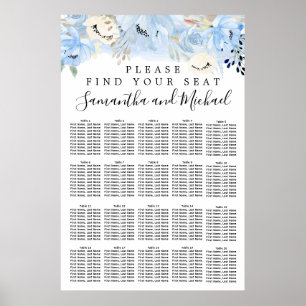 Blue Floral 20-Table Wedding Seating Chart