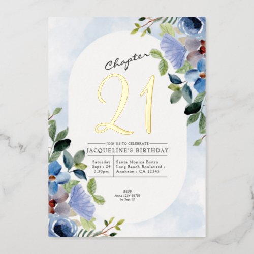 Blue Floral 21st Birthday Chapter 21 Gold Foil Invitation