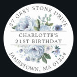 Blue Floral 21st Birthday Return Address Label<br><div class="desc">Add a special touch to your birthday invitation envelopes with this elegant round design. It features a bouquet of dusty blue roses and peonies in the center. Blue eucalyptus leaves give it a rustic botanical vibe. The name and birthday is written across the center on a white strip, and the...</div>