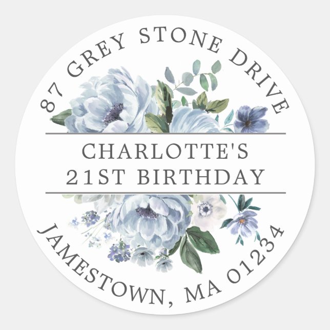 Blue Floral 21st Birthday Return Address Label (Front)