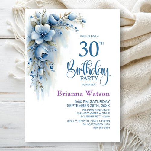 Blue Floral 30th Birthday Party Invitation