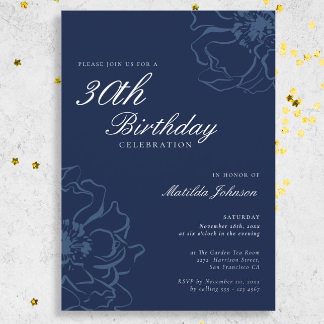 Blue Floral 30th Birthday Party Invitation (Blue Floral 30th Birthday Party Invitation)