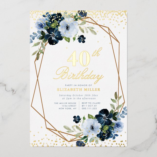 blue floral 40th birthday party gold foil invitation (Front)