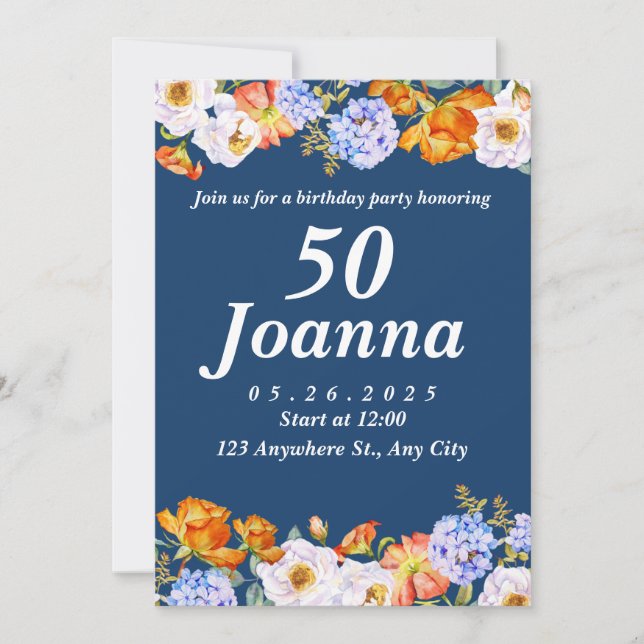 Blue Floral 50th Birthday Invitation (Front)