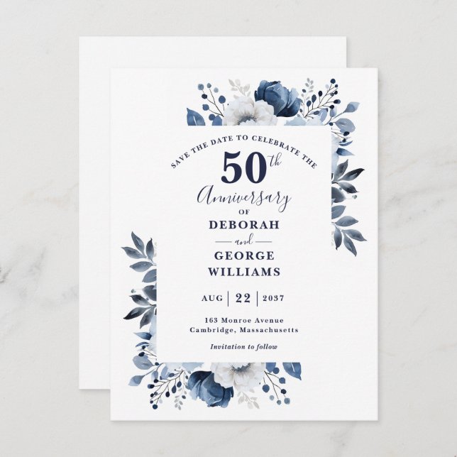 Blue Floral 50th Wedding Anniversary Save The Date Postcard (Front/Back)