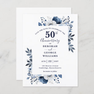 Blue Floral 50th Wedding Anniversary Save The Date Postcard