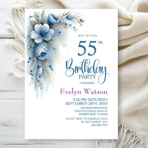 Blue Floral 55th Birthday Party Invitation