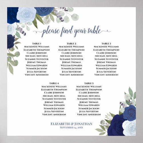 Blue Floral 5 Table Elegant Wedding Seating Chart