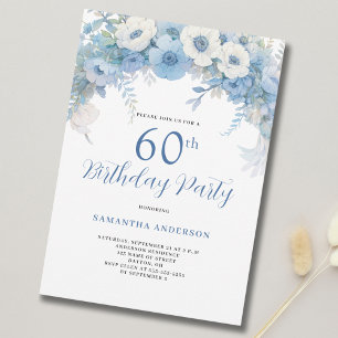 Blue Floral 60th Birthday Party Invitation