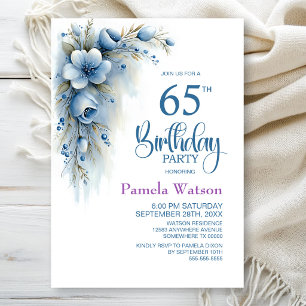 Blue Floral 65th Birthday Party Invitation