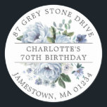 Blue Floral 70th Birthday Return Address Label<br><div class="desc">Add a special touch to your birthday invitation envelopes with this elegant round design. It features a bouquet of dusty blue roses and peonies in the center. Blue eucalyptus leaves give it a rustic botanical vibe. The name and birthday is written across the center on a white strip, and the...</div>