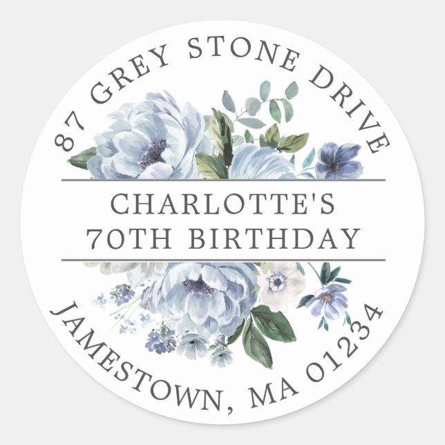 Blue Floral 70th Birthday Return Address Label (Front)