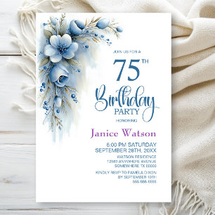 Blue Floral 75th Birthday Party Invitation