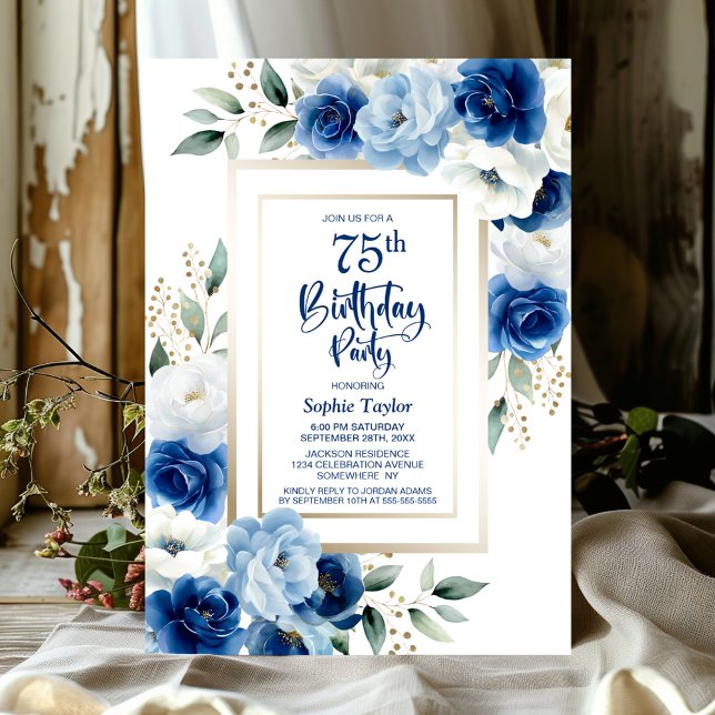 Blue Floral 75th Birthday Party Invitation (Creator Uploaded)