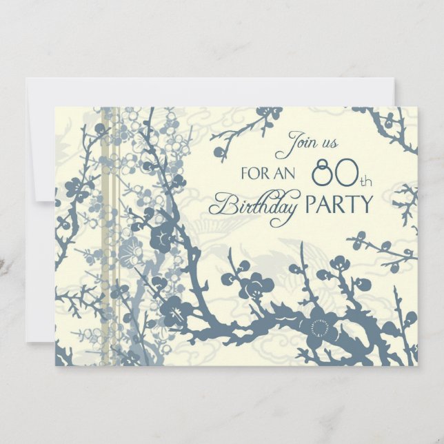 Blue Floral 80th Birthday Party Invitation Cards (Front)