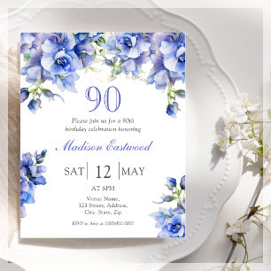 Blue Floral 90th Birthday Budget Invitation