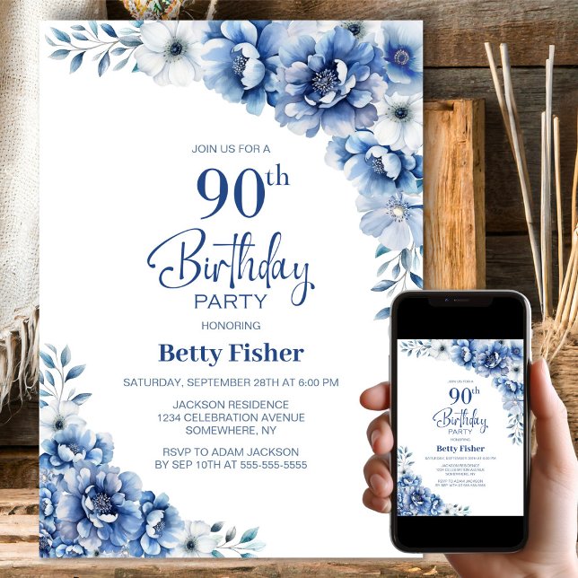 Blue Floral 90th Birthday Party Invitation (Creator Uploaded)