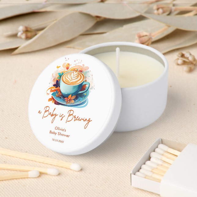 Blue Floral A Baby is Brewing Coffee Baby Shower Mini Candle Favors (Insitu)