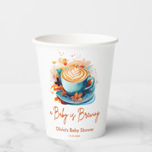 Blue Floral A Baby is Brewing Coffee Baby Shower Paper Cups