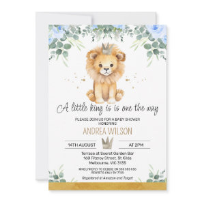 Blue Floral A Little King Lion Baby Shower Invitation