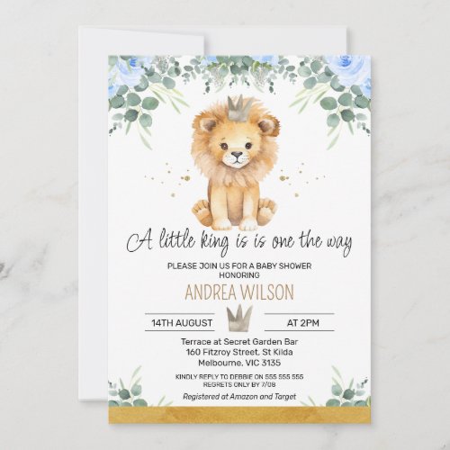 Blue Floral A Little King Lion Baby Shower Invitation