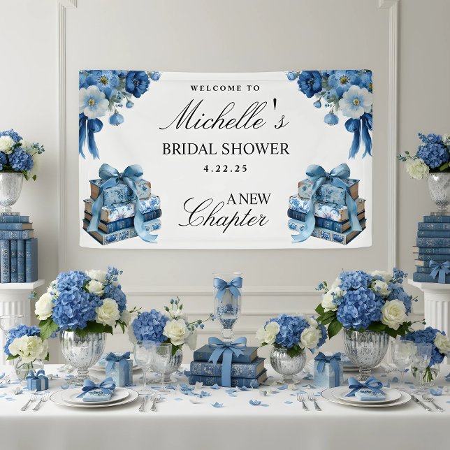 Blue Floral A New Chapter Bridal Shower Banner (Creator Uploaded)