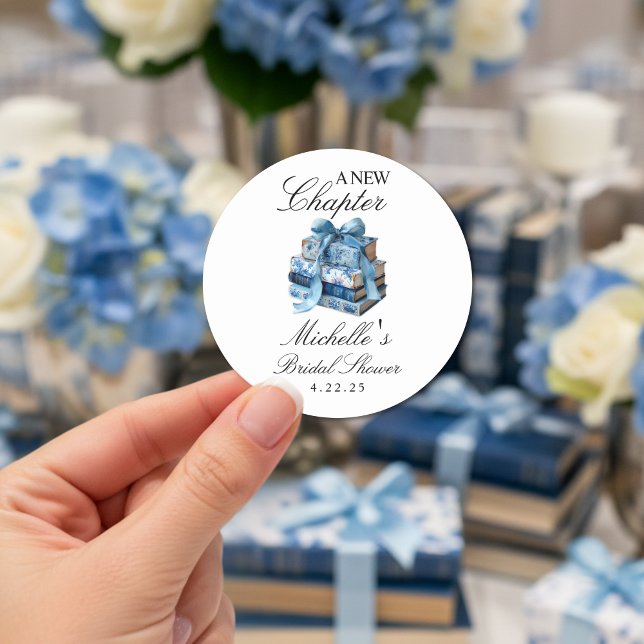 Blue Floral A New Chapter Bridal Shower  Classic Round Sticker (Creator Uploaded)