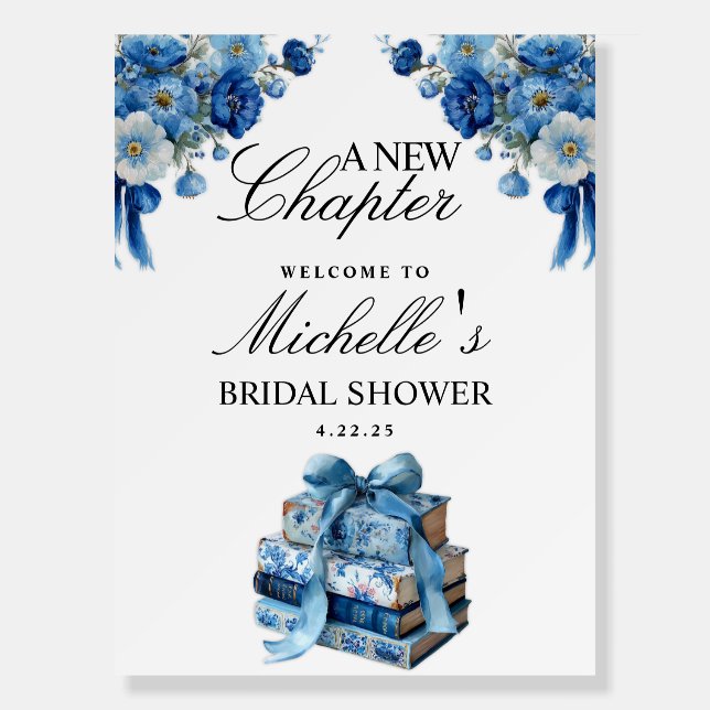 Blue Floral A New Chapter Bridal Shower Sign (Front)