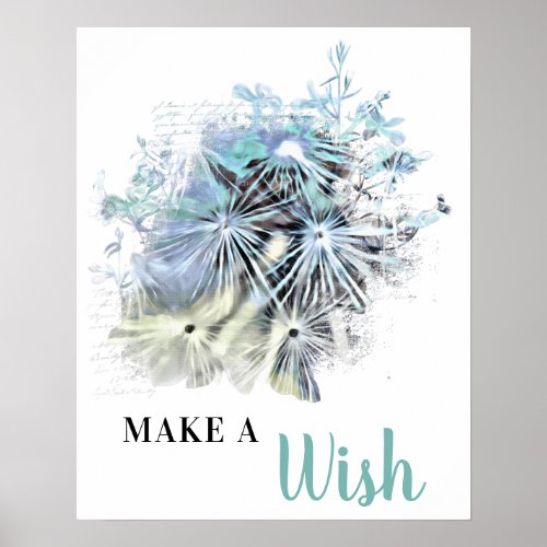  Blue Floral Abstract DANDELION Make A Wish  Poster