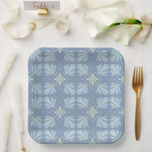 Blue Floral Abstract Pattern Paper Plates