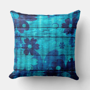 Blue Floral Abstract Wood Throw Pillow
