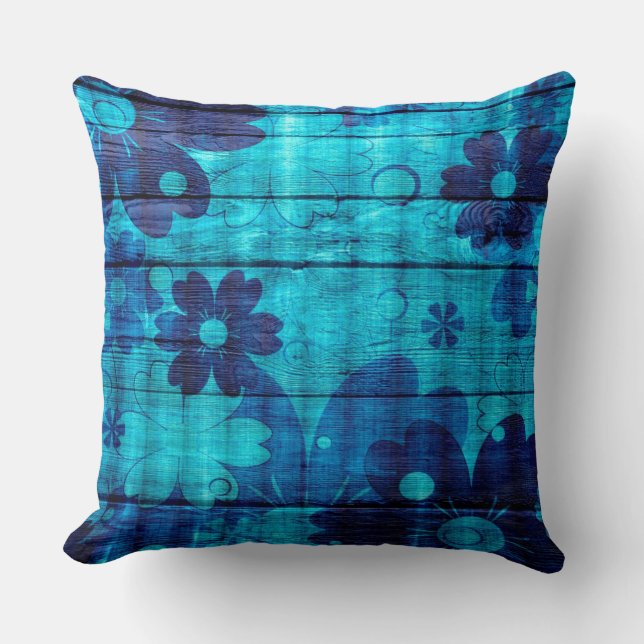 Blue Floral Abstract Wood Throw Pillow (Front)