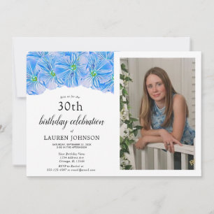 Blue Floral Adult Birthday Photo Invitation