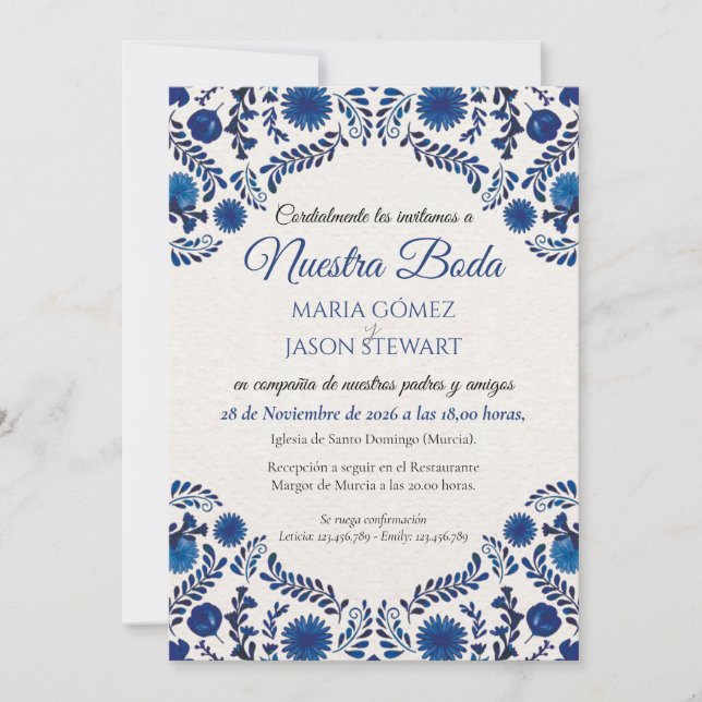 Blue Floral Aesthetic Botanical Spanish Wedding Invitation (Front)