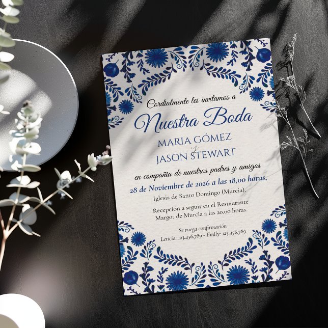 Blue Floral Aesthetic Botanical Spanish Wedding Invitation (Blue Floral Aesthetic Botanical Spanish Wedding Invitation)