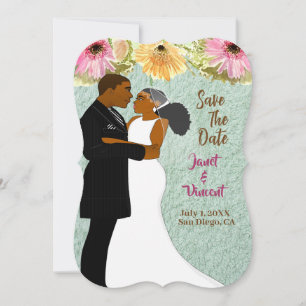 Blue Floral African American Couple Save-The-Date