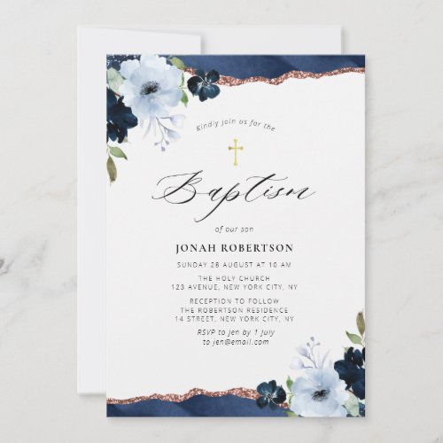 blue floral agate baptism invitation