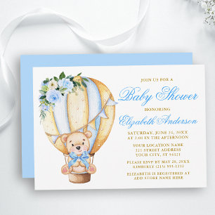 Blue Floral Air Balloon Teddy Bear Baby Shower Invitation
