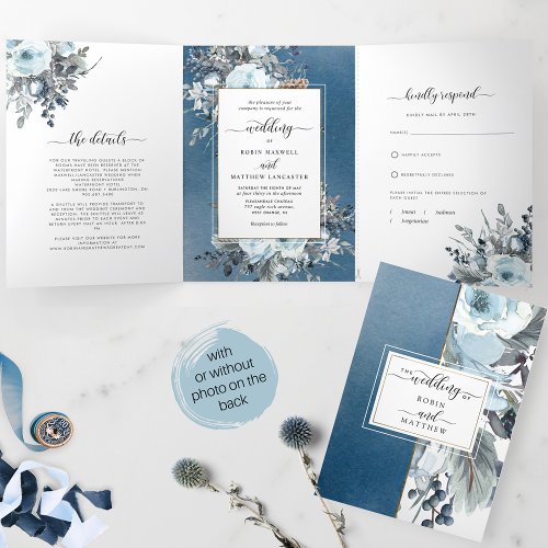 Blue Floral All in One Wedding with RSVP Tri_Fold Invitation