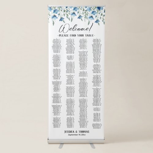 Blue Floral Alphabetical 350 Name Seating Chart Retractable Banner