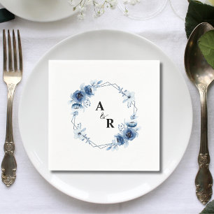 Blue Floral Ampersand Monogram Initials Wedding Napkins