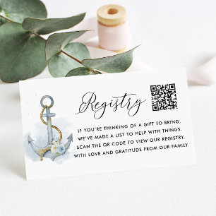 Blue Floral Anchor Baby Shower QR Code Registry Enclosure Card