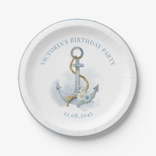 Blue Floral Anchor Nautical Birthday Party Paper Plates