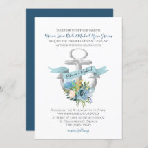 Blue Floral Anchor Nautical Watercolor Wedding Inv