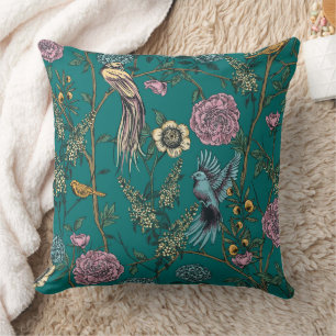 Blue Floral and Bird Floral Throw Pillow