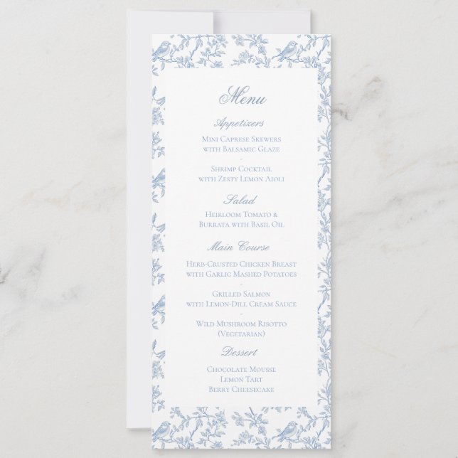 Blue Floral and Bird Toile Wedding Menu Card (Front)